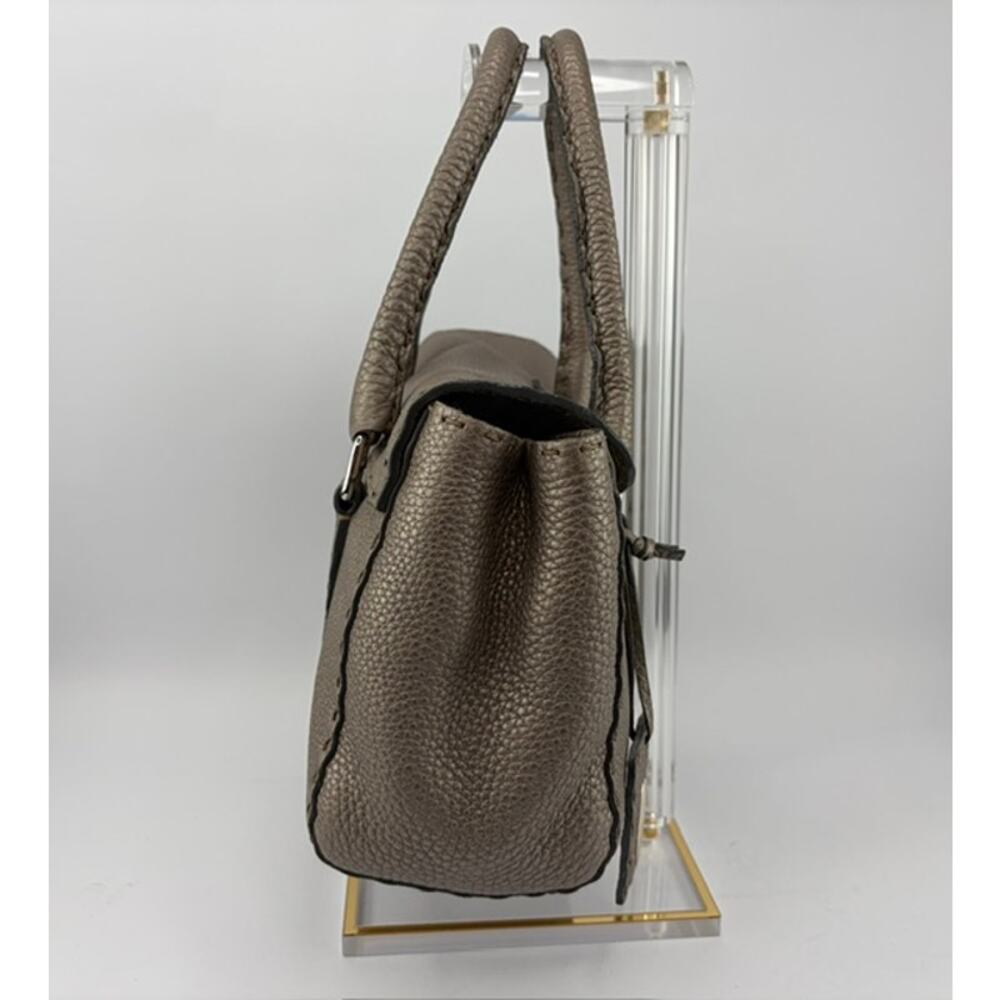 Fendi Selleria Mini Linda Metallic Pewter Pebbled Leather Satchel Sterling Tag - Picture 4 of 14